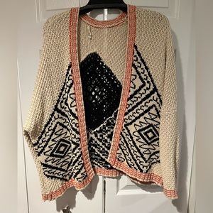 BELAIR Women's size M Boho Geometric Crochet Knit Bat Wing Open Cardigan Sweater
